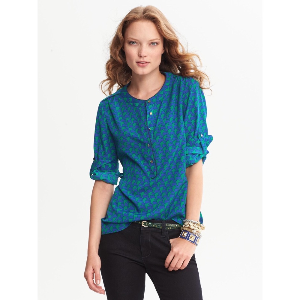 Banana Republic Bird Print Blouse Tanzanite Gem